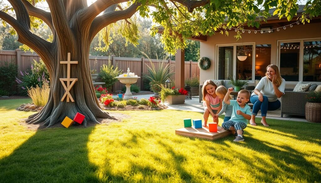 A whimsical and inviting outdoor setting featuring a large tic-tac-toe tree made from natural wood, with oversized game pieces in vibrant colors placed nearby. In the foreground, a sun-dappled grassy area invites interaction, while children and adults of varying ages are engaged in a friendly game, displaying excitement and laughter. The middle ground showcases flower beds and garden decorations that enhance the comfortable atmosphere, surrounded by lush greenery. In the background, a cozy patio area with comfortable seating is softly illuminated by the warm, golden rays of late afternoon sunlight filtering through the leaves. The image captures a joyful and interactive mood, perfect for a family-friendly backyard environment. A whimsical and inviting outdoor setting featuring a large tic-tac-toe tree made from natural wood, with oversized game pieces in vibrant colors placed nearby. In the foreground, a sun-dappled grassy area invites interaction, while children and adults of varying ages are engaged in a friendly game, displaying excitement and laughter. The middle ground showcases flower beds and garden decorations that enhance the comfortable atmosphere, surrounded by lush greenery. In the background, a cozy patio area with comfortable seating is softly illuminated by the warm, golden rays of late afternoon sunlight filtering through the leaves. The image captures a joyful and interactive mood, perfect for a family-friendly backyard environment.