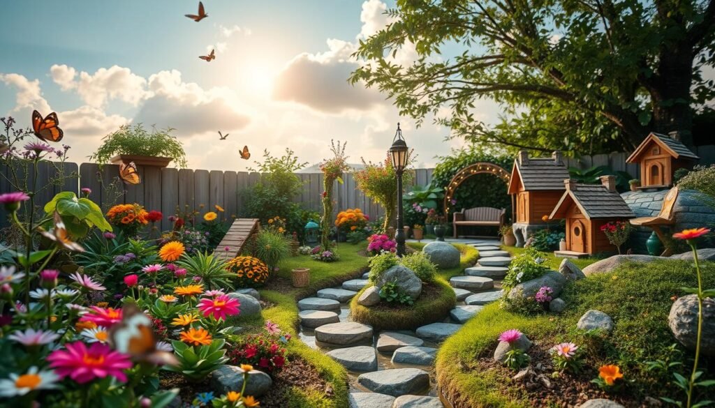 A whimsical fairy garden nestled in a backyard, featuring vibrant flowers, lush greenery, and charming miniature fairy houses scattered throughout. In the foreground, delicate butterflies flutter among colorful blooms, while a small winding path made of stones invites exploration. The middle layer showcases a wooden bridge arching over a gentle stream, leading to a cozy seating area adorned with twinkling fairy lights. In the background, a sun-drenched sky with fluffy clouds casts soft, warm light over the scene. The atmosphere is enchanting and inviting, encouraging relaxation and creativity in this magical outdoor space. Captured from a slightly elevated angle to encompass the entire garden, the image conveys a sense of wonder and charm, perfect for inspiring cozy backyard ideas.