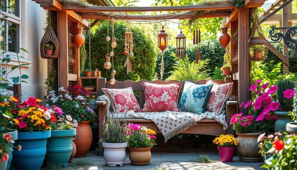 A whimsical garden corner retreat, featuring a cozy seating area adorned with colorful cushions and a delicate, patterned throw. In the foreground, a rustic wooden bench is flanked by vibrant flower pots filled with blooming wildflowers, creating a cheerful atmosphere. The middle ground showcases a charming arbor draped with fairy lights, casting a gentle glow, while whimsical decorations like wind chimes and hanging lanterns add a playful touch. In the background, lush greenery and soft sunlight filter through the leaves, enhancing the serene and magical vibe. The scene is set in bright natural light with a soft, dreamy ambiance, inviting moments of relaxation and joy in an enchanting outdoor setting. Capture the essence of comfort and creativity, focusing on a warm, inviting atmosphere.