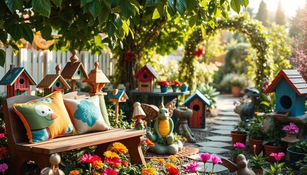 A whimsical garden decor scene filled with colorful hand-painted birdhouses, each uniquely designed with patterns and flowers. In the foreground, a charming wooden bench is adorned with vibrant cushions and surrounded by blooming flower beds. The middle ground features a variety of quirky garden sculptures, such as a smiling turtle and a whimsical fairy, nestled among lush greenery and potted plants. In the background, an enchanting archway decorated with twinkling fairy lights leads to a serene garden path. The lighting is bright and natural, with soft sunlight filtering through the leaves, creating an airy and inviting atmosphere. The image captures a magical, cozy feel that inspires creativity in garden design. A whimsical garden decor scene filled with colorful hand-painted birdhouses, each uniquely designed with patterns and flowers. In the foreground, a charming wooden bench is adorned with vibrant cushions and surrounded by blooming flower beds. The middle ground features a variety of quirky garden sculptures, such as a smiling turtle and a whimsical fairy, nestled among lush greenery and potted plants. In the background, an enchanting archway decorated with twinkling fairy lights leads to a serene garden path. The lighting is bright and natural, with soft sunlight filtering through the leaves, creating an airy and inviting atmosphere. The image captures a magical, cozy feel that inspires creativity in garden design.