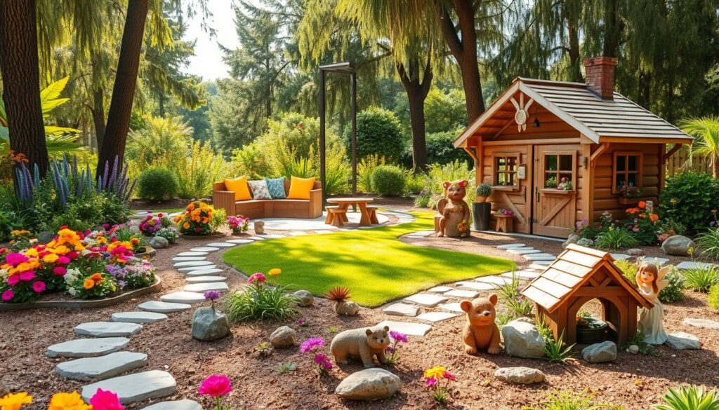 A whimsical garden designed for children, featuring vibrant flower beds with an array of colorful blooms, playful pathways made of smooth stones, and a miniature wooden playhouse adorned with charming decorations. In the foreground, there are whimsical sculptures, like friendly animals and garden fairies, inviting interaction. The middle ground showcases a cozy seating area with bright cushions and a small picnic table surrounded by lush green grass. In the background, tall trees create a natural canopy, letting in soft sunlight that bathes the scene in a warm glow. Capture this joyful outdoor space from a slightly elevated angle to emphasize the layout. The atmosphere should feel magical and inviting, perfect for family fun and imaginative play. A whimsical garden designed for children, featuring vibrant flower beds with an array of colorful blooms, playful pathways made of smooth stones, and a miniature wooden playhouse adorned with charming decorations. In the foreground, there are whimsical sculptures, like friendly animals and garden fairies, inviting interaction. The middle ground showcases a cozy seating area with bright cushions and a small picnic table surrounded by lush green grass. In the background, tall trees create a natural canopy, letting in soft sunlight that bathes the scene in a warm glow. Capture this joyful outdoor space from a slightly elevated angle to emphasize the layout. The atmosphere should feel magical and inviting, perfect for family fun and imaginative play.