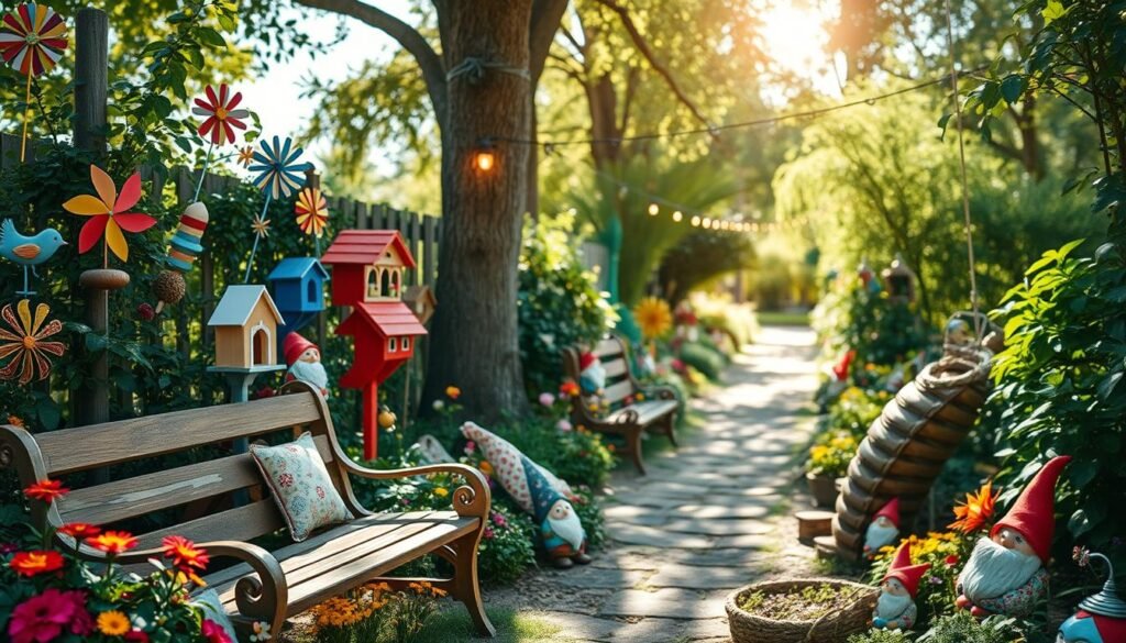A whimsical garden filled with playful decorations, including colorful wind spinners and cheerful birdhouses, nestled among vibrant flowers and lush greenery. In the foreground, a charming wooden bench adorned with patterned cushions invites relaxation, while whimsical garden gnomes peek out from beneath the foliage. The middle ground features a pathway lined with fairy lights strung between trees, casting a warm, inviting glow. In the background, soft sunlight filters through the leaves, creating dappled shadows on the ground. The atmosphere is light-hearted and cheerful, evoking a sense of joy and tranquility, perfect for inspiring a slower, more relaxed outdoor space. Shot in bright natural light with a shallow depth of field to create a dreamy, airy quality.