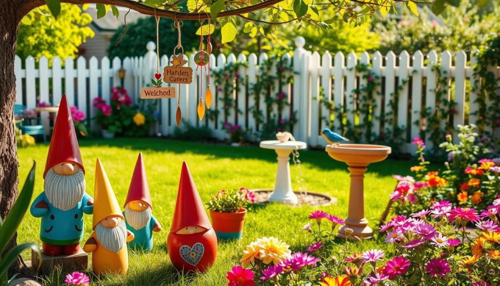 A whimsical garden scene featuring vibrant garden decorations that spark joy. In the foreground, a charming collection of painted wooden gnomes, colorful flower pots, and playful wind chimes hanging from a tree branch, all bathed in soft sunlight. The middle ground showcases a lush green lawn dotted with cheerful garden signs and a whimsical birdbath, surrounded by blooming flowers in a riot of colors. In the background, a quaint white picket fence adorned with climbing vines and twinkling string lights, enhancing the magical atmosphere. The overall lighting captures the warmth of a bright, sunny day, creating an inviting and cheerful mood. The image should evoke a sense of comfort, creativity, and joy in a backyard setting.