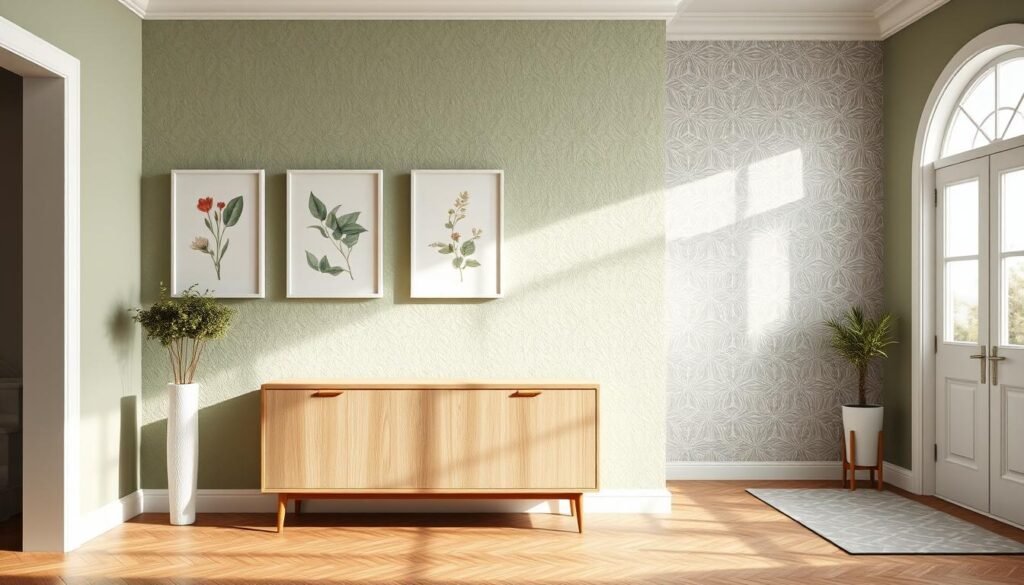 An elegant and modern entrance foyer wall design featuring a textured accent wall painted in soft sage green, adorned with a series of framed botanical prints in simple white frames. In the foreground, a stylish console table, minimalistic and made of light wood, sits against the wall. The middle ground displays a unique geometric wallpaper pattern, subtly accentuating its texture. The background presents a large, bright window allowing soft, airy sunlight to filter through, casting gentle shadows. The overall mood is fresh and inviting, perfect for a stylish entryway. Use a wide-angle lens to capture the spaciousness of the foyer while showcasing the interplay of light and texture, emphasizing a warm and harmonious atmosphere.