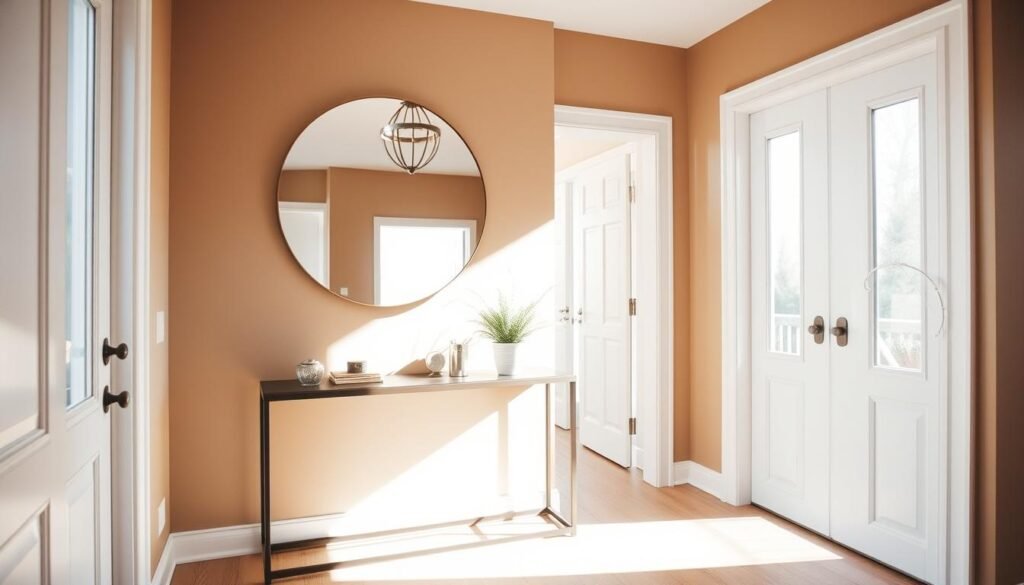 An elegant entryway featuring a large, round mirror hung above a simple console table. The mirror reflects soft natural light, enhancing the airy ambiance of the space. On the table, a small potted plant and a couple of stylish décor items add a personal touch. The walls are painted in a warm, neutral tone, and the flooring is a light wood, contributing to an inviting atmosphere. In the background, a glimpse of a bright hallway with open doors invites further exploration. Emphasize a warm and welcoming mood, with sunlight gently streaming through a nearby window, creating soft shadows. Use a wide-angle lens to capture the full entryway and accentuate the sense of space and reflection.