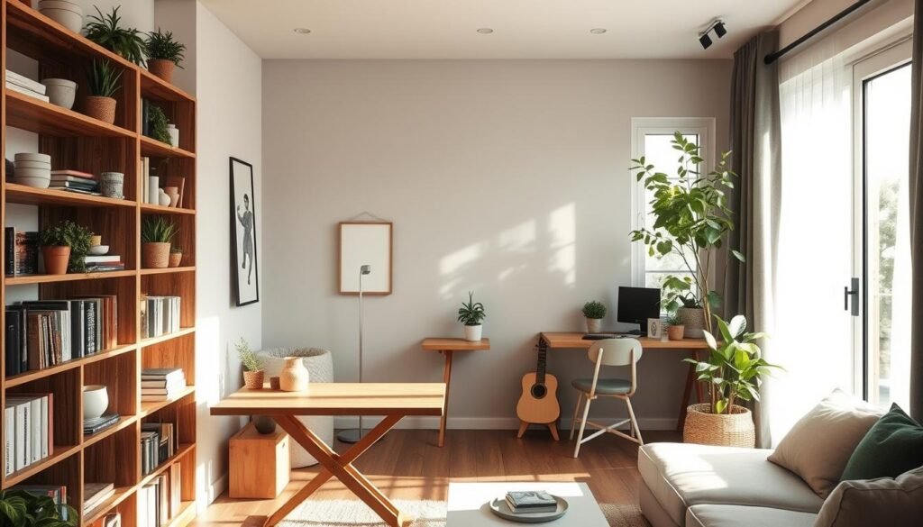 An inviting, cozy room showcasing innovative smart DIY solutions for small spaces. In the foreground, a well-organized bookshelf with DIY storage solutions made from reclaimed wood, adorned with plants and decorative items. The middle features a stylish folding table that seamlessly integrates with the décor, and a DIY wall-mounted desk optimized for compact living. In the background, large windows bathe the room in bright, natural light, creating an airy atmosphere with soft sunlight streaming in. The color palette includes warm neutrals and soothing greens. The scene is captured from a slightly elevated angle, highlighting the functionality and beauty of the space. The mood is uplifting and inspiring, perfect for motivating homeowners to enhance their small living areas. An inviting, cozy room showcasing innovative smart DIY solutions for small spaces. In the foreground, a well-organized bookshelf with DIY storage solutions made from reclaimed wood, adorned with plants and decorative items. The middle features a stylish folding table that seamlessly integrates with the décor, and a DIY wall-mounted desk optimized for compact living. In the background, large windows bathe the room in bright, natural light, creating an airy atmosphere with soft sunlight streaming in. The color palette includes warm neutrals and soothing greens. The scene is captured from a slightly elevated angle, highlighting the functionality and beauty of the space. The mood is uplifting and inspiring, perfect for motivating homeowners to enhance their small living areas.