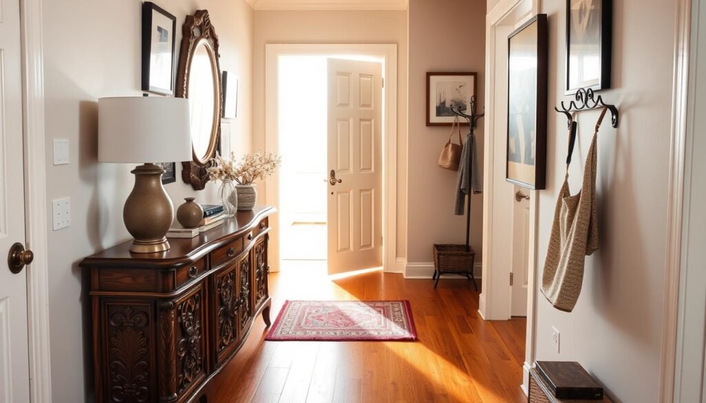An inviting entryway blending vintage and contemporary design elements. In the foreground, a wooden console table with intricate carvings holds modern decorative items like a sleek lamp and minimalist vase. The middle ground features a mix of wall art—a rustic wooden mirror paired with abstract contemporary paintings. A stylish coat rack made of brushed metal anchors the space. In the background, a bright, airy doorway invites natural sunlight, illuminating the warm wooden flooring. The atmosphere feels welcoming and curated, showcasing personality and ease of maintenance. Use soft sunlight filtering in to create a warm glow, captured from a slightly elevated angle to emphasize depth and character in the space.