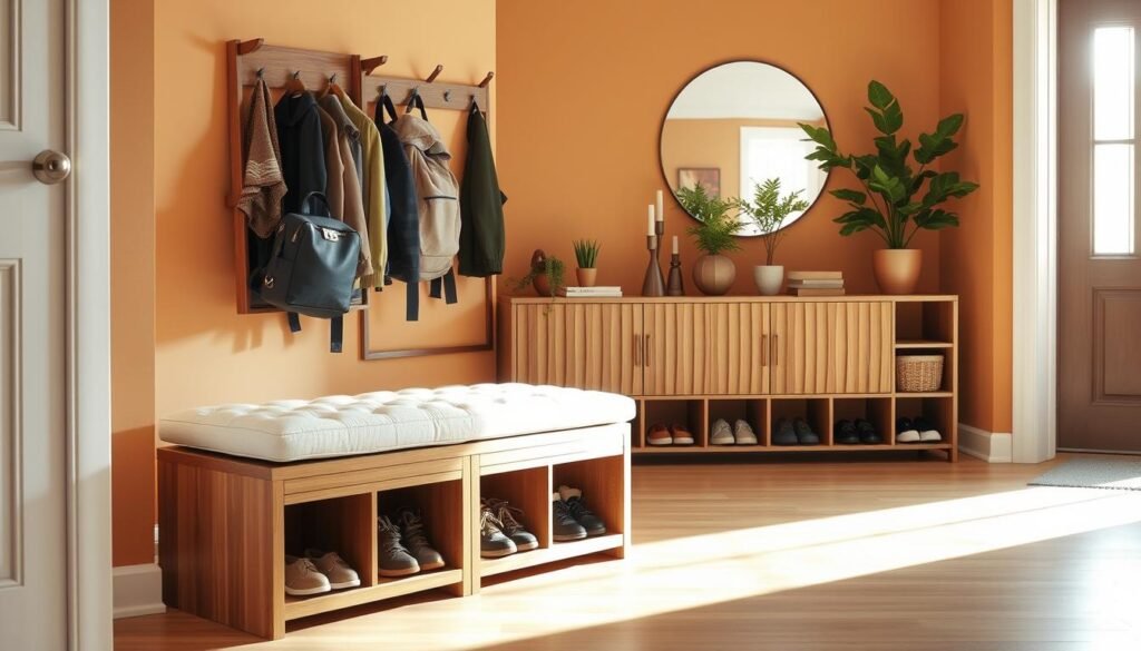 An inviting entryway featuring a well-organized storage solution. In the foreground, a stylish wooden bench with built-in shoe storage, harmonizing natural wood tones with a soft, cushioned seat. To the left, a vertical coat rack adorned with neatly hung jackets and backpacks. In the middle, a sleek, modular console table displays small decorative items and a few potted plants, offering greenery. The background features a bright window allowing soft sunlight to illuminate the space, enhancing the airy atmosphere. The walls are painted in warm, neutral tones, keeping the focus on the organized storage. The composition is captured from a slightly elevated angle, emphasizing cleanliness and organization, creating a serene, welcoming mood. An inviting entryway featuring a well-organized storage solution. In the foreground, a stylish wooden bench with built-in shoe storage, harmonizing natural wood tones with a soft, cushioned seat. To the left, a vertical coat rack adorned with neatly hung jackets and backpacks. In the middle, a sleek, modular console table displays small decorative items and a few potted plants, offering greenery. The background features a bright window allowing soft sunlight to illuminate the space, enhancing the airy atmosphere. The walls are painted in warm, neutral tones, keeping the focus on the organized storage. The composition is captured from a slightly elevated angle, emphasizing cleanliness and organization, creating a serene, welcoming mood.