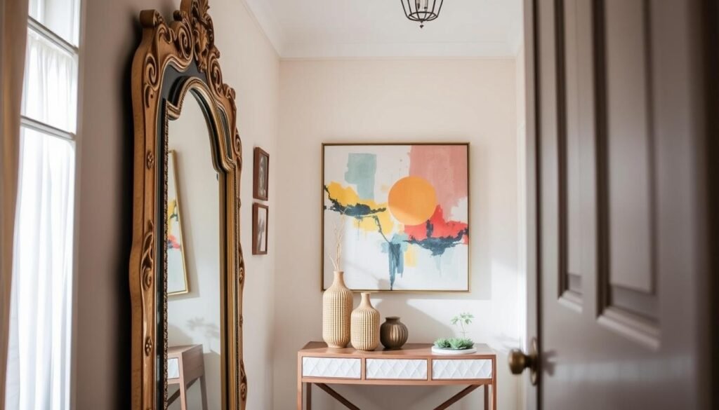 An inviting entryway featuring an elegant arrangement of mirrors and art pieces. In the foreground, a large, ornate mirror reflects soft sunlight pouring in from a nearby window, creating a bright and airy atmosphere. Beside the mirror, a contemporary art piece with vibrant colors adds a pop of creativity to the space. The middle ground includes a stylish console table, adorned with decorative elements like textured vases and small indoor plants, enhancing the natural feel. The background showcases a softly painted wall that complements the decor, with additional framed artwork hanging at eye level. The angle captures the depth of the entryway, focusing on the harmonious blend of textures and light, evoking a mood of welcoming charm and purposeful styling.