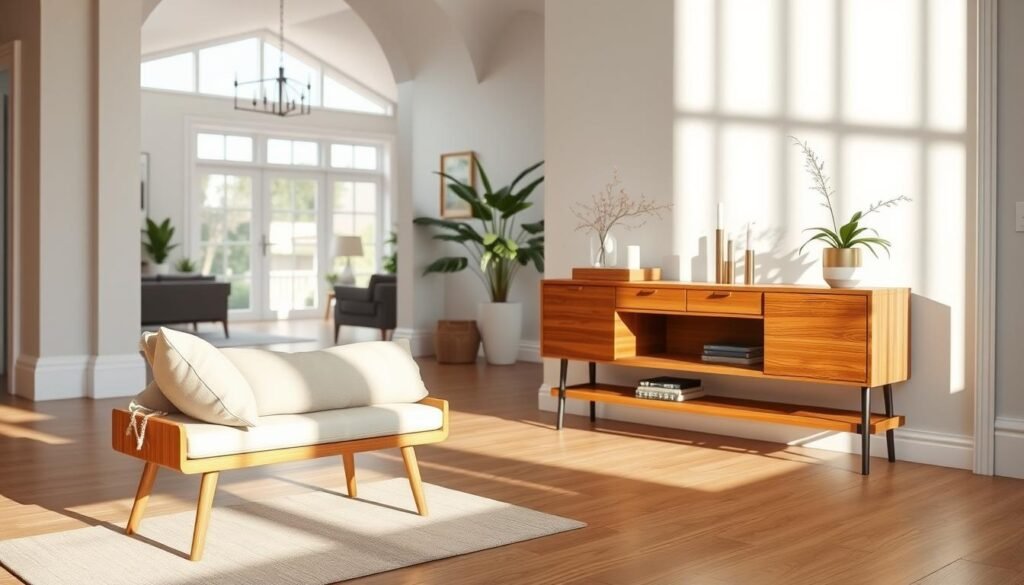 An inviting entryway featuring essential furniture pieces: a stylish wooden bench with soft cushions in the foreground, complemented by an elegant console table with a minimalist design and decorative items like plants and candles. In the background, a spacious, bright area showcasing natural light pouring in through large windows enhances the airy atmosphere. The scene is set in a contemporary home with light-colored walls and warm wooden flooring, evoking a sense of comfort and organization. Soft sunlight creates gentle shadows, highlighting the textures of the bench and table. Capture the scene from a slightly elevated angle to emphasize depth and create a welcoming mood.