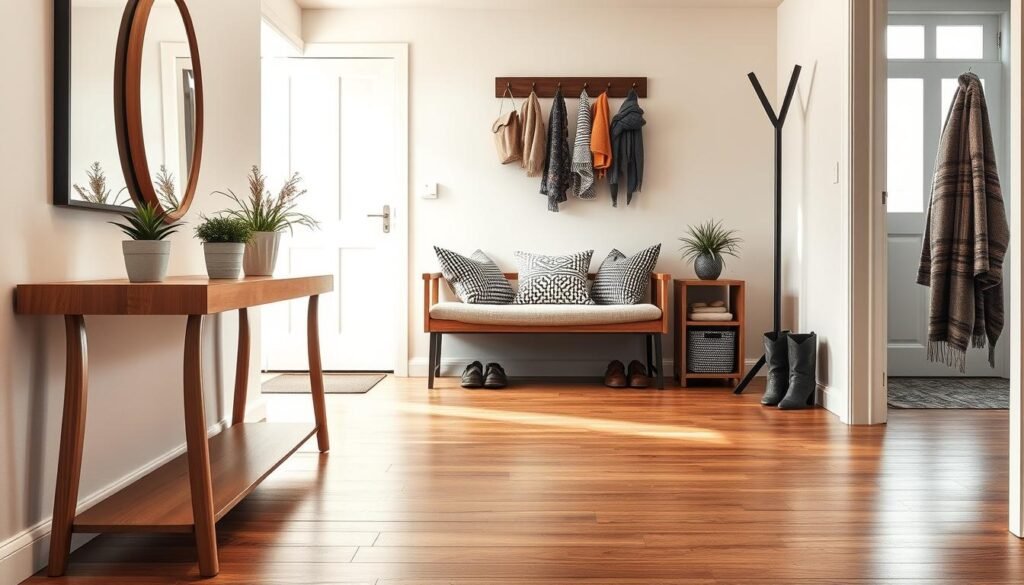 An inviting entryway scene featuring stylish yet functional furniture arrangements. In the foreground, a sleek, modern console table with a natural wood finish, decorated with a small potted plant and a decorative mirror. In the middle ground, a cozy bench with cushions and a few shoes neatly placed beside it, complemented by a stylish coat rack with hanging hats and scarves. The background showcases a bright, airy space with soft sunlight streaming in through a window, illuminating the warm tones of the wooden flooring. Use a wide-angle lens to capture the entire scene, emphasizing the harmonious balance of style and function. The mood is welcoming and personal, inviting guests to feel at home.