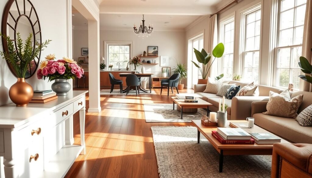 An inviting entryway seamlessly transitioning into a cozy living room, featuring a stylish console table with fresh flowers and a decorative mirror in the foreground. The middle ground showcases a plush sofa adorned with throw pillows and a soft area rug, complemented by a low coffee table with books and candles. In the background, large windows bathe the scene in soft, natural sunlight, highlighting wooden accents and houseplants that enhance the airy atmosphere. The overall mood is warm and welcoming, perfect for a comfortable living space throughout changing light conditions. Capture this setting with a wide-angle lens to emphasize the flow between spaces, ensuring the lighting is bright yet soft, evoking a sense of tranquility and comfort.