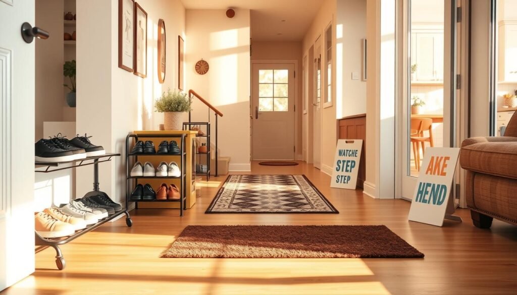An inviting living room scene showcasing essential home safety tips to prevent slips and trips. In the foreground, prominently display a stylish non-slip welcome mat at the entrance, alongside a sturdy shoe rack organized with neatly arranged shoes. The middle ground features a well-lit hallway with a handrail attached to the wall, leading to a couple of strategically placed safety signs, like a “Watch Your Step” reminder. The background shows a bright, airy kitchen with clear pathways, free of clutter. Soft sunlight pours in through large windows, casting gentle shadows while creating an uplifting atmosphere. The overall mood is warm and secure, conveying a sense of comfort and safety in a well-maintained home environment. An inviting living room scene showcasing essential home safety tips to prevent slips and trips. In the foreground, prominently display a stylish non-slip welcome mat at the entrance, alongside a sturdy shoe rack organized with neatly arranged shoes. The middle ground features a well-lit hallway with a handrail attached to the wall, leading to a couple of strategically placed safety signs, like a “Watch Your Step” reminder. The background shows a bright, airy kitchen with clear pathways, free of clutter. Soft sunlight pours in through large windows, casting gentle shadows while creating an uplifting atmosphere. The overall mood is warm and secure, conveying a sense of comfort and safety in a well-maintained home environment.