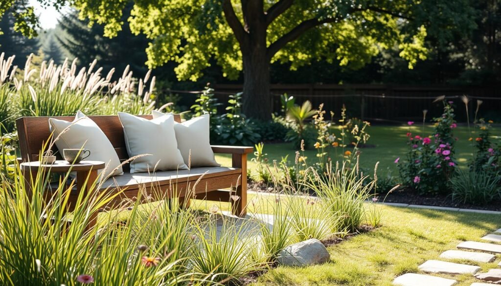 An inviting outdoor mindfulness seating area nestled in a serene backyard. In the foreground, a comfortable, rustic wooden bench adorned with soft, neutral cushions invites relaxation. To the left, a small round table holds a steaming cup of herbal tea and a small potted plant, enhancing the tranquil ambiance. In the middle ground, gently swaying tall grass and a variety of colorful wildflowers create a natural border, while a few scattered stones add texture to the scene. The background features a lush garden with tall trees casting dappled sunlight, creating a warm and peaceful atmosphere. Capture this scene in soft sunlight, highlighting the warm colors and textures, with a slightly elevated angle to encompass both the seating area and the surrounding nature, evoking a sense of calm and mindfulness. An inviting outdoor mindfulness seating area nestled in a serene backyard. In the foreground, a comfortable, rustic wooden bench adorned with soft, neutral cushions invites relaxation. To the left, a small round table holds a steaming cup of herbal tea and a small potted plant, enhancing the tranquil ambiance. In the middle ground, gently swaying tall grass and a variety of colorful wildflowers create a natural border, while a few scattered stones add texture to the scene. The background features a lush garden with tall trees casting dappled sunlight, creating a warm and peaceful atmosphere. Capture this scene in soft sunlight, highlighting the warm colors and textures, with a slightly elevated angle to encompass both the seating area and the surrounding nature, evoking a sense of calm and mindfulness.