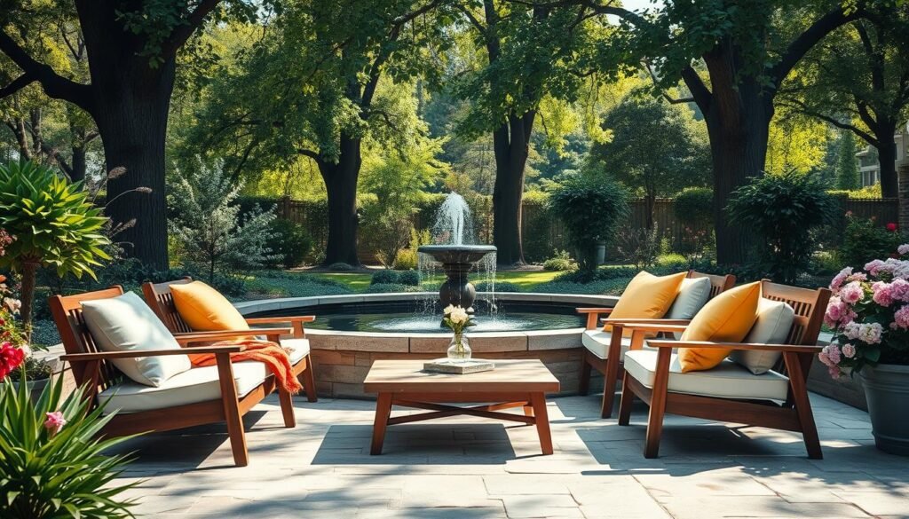 An inviting outdoor seating area beside a tranquil water feature, surrounded by lush greenery and blooming flowers. In the foreground, a set of stylish wooden chairs with soft, vibrant cushions and a low coffee table sit comfortably on a textured stone patio. The middle ground features a gently flowing fountain, creating soothing sounds and reflecting the natural light. In the background, tall trees provide dappled shade, while soft rays of afternoon sun filter through the leaves, illuminating the scene. The atmosphere is serene and welcoming, suggesting a perfect spot for relaxation and social gatherings, adapting beautifully to seasonal changes. The composition captures the essence of a cozy oasis, emphasizing comfort and usability throughout the year. An inviting outdoor seating area beside a tranquil water feature, surrounded by lush greenery and blooming flowers. In the foreground, a set of stylish wooden chairs with soft, vibrant cushions and a low coffee table sit comfortably on a textured stone patio. The middle ground features a gently flowing fountain, creating soothing sounds and reflecting the natural light. In the background, tall trees provide dappled shade, while soft rays of afternoon sun filter through the leaves, illuminating the scene. The atmosphere is serene and welcoming, suggesting a perfect spot for relaxation and social gatherings, adapting beautifully to seasonal changes. The composition captures the essence of a cozy oasis, emphasizing comfort and usability throughout the year.