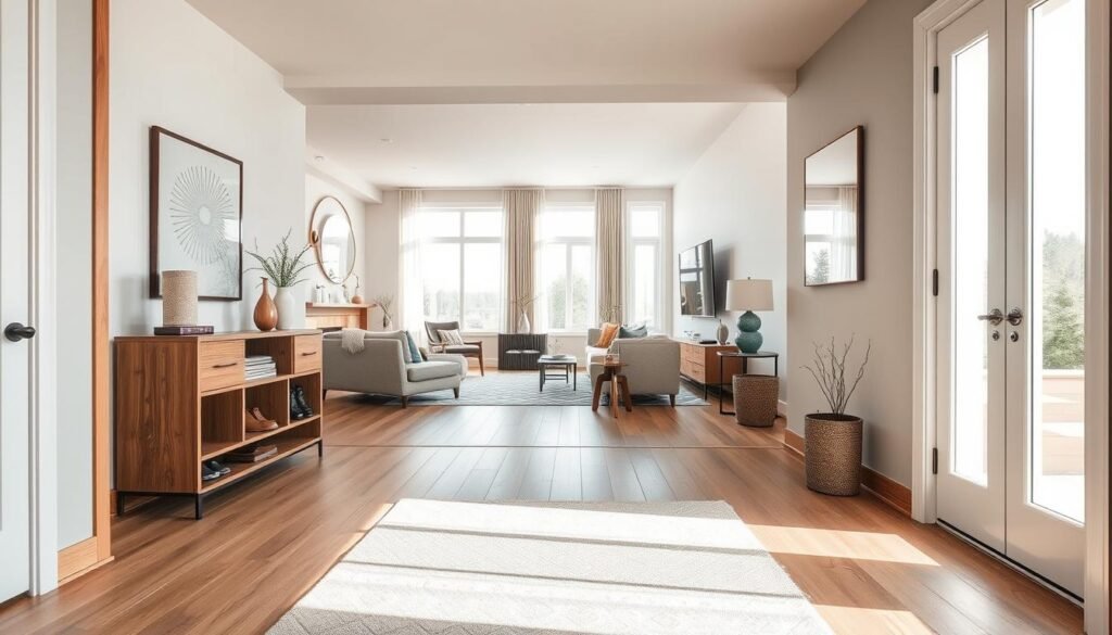 An open concept entryway featuring a seamless flow into a stylish living room, showcasing a modern design. In the foreground, an inviting area rug separates the entryway from the living area, accentuating the transition. The middle ground highlights a combination of natural wood accents, a sleek console table adorned with tasteful décor, and a built-in shoe storage area. Large windows bathe the space in bright, soft sunlight, emphasizing airy openness. The background includes a glimpse of the living room with comfortable seating and subtle color coordination, creating a cohesive look. The atmosphere is warm and welcoming, designed for both function and aesthetic appeal, captured from a wide angle to showcase the flow of the space in a fresh, realistic style. An open concept entryway featuring a seamless flow into a stylish living room, showcasing a modern design. In the foreground, an inviting area rug separates the entryway from the living area, accentuating the transition. The middle ground highlights a combination of natural wood accents, a sleek console table adorned with tasteful décor, and a built-in shoe storage area. Large windows bathe the space in bright, soft sunlight, emphasizing airy openness. The background includes a glimpse of the living room with comfortable seating and subtle color coordination, creating a cohesive look. The atmosphere is warm and welcoming, designed for both function and aesthetic appeal, captured from a wide angle to showcase the flow of the space in a fresh, realistic style.