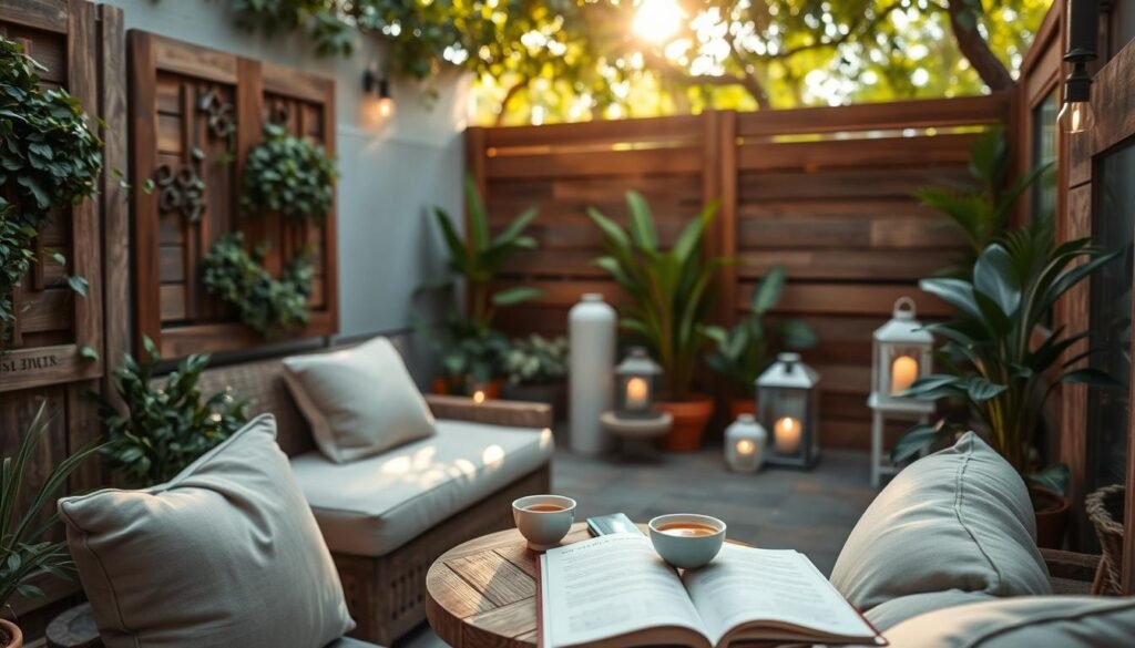 Cozy backyard corner featuring decorative wooden panels adorned with tasteful greenery. In the foreground, a comfortable seating area with plush, neutral-toned cushions invites relaxation. A small, round wooden table holds a steaming cup of tea and an open book, suggesting a peaceful retreat. In the middle ground, lush potted plants and soft decorative lanterns create a serene ambiance. In the background, subtle sunlight filters through a canopy of leaves, casting gentle shadows and illuminating the space with a warm glow. The scene is captured from a slightly elevated angle to showcase the inviting layout. The overall atmosphere is tranquil and inviting, embodying comfort and style in an outdoor setting.