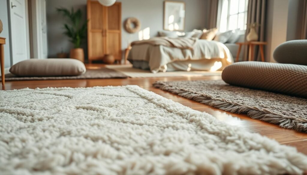 Cozy bedroom featuring a variety of stylish rugs layered on a polished wooden floor. In the foreground, focus on a plush, cream-colored area rug with a subtle geometric pattern, inviting warmth and texture. In the middle, showcase a beautifully arranged space with a soft, muted color palette, including a bed dressed in light linens and decorative pillows that complement the rugs. The background reveals a window allowing soft, natural sunlight to filter gently into the room, casting warm shadows and enhancing the inviting atmosphere. Capture the scene with a slight angle to highlight the depth and layering of textiles, creating a serene and thoughtfully styled bedroom ambiance. Cozy bedroom featuring a variety of stylish rugs layered on a polished wooden floor. In the foreground, focus on a plush, cream-colored area rug with a subtle geometric pattern, inviting warmth and texture. In the middle, showcase a beautifully arranged space with a soft, muted color palette, including a bed dressed in light linens and decorative pillows that complement the rugs. The background reveals a window allowing soft, natural sunlight to filter gently into the room, casting warm shadows and enhancing the inviting atmosphere. Capture the scene with a slight angle to highlight the depth and layering of textiles, creating a serene and thoughtfully styled bedroom ambiance.