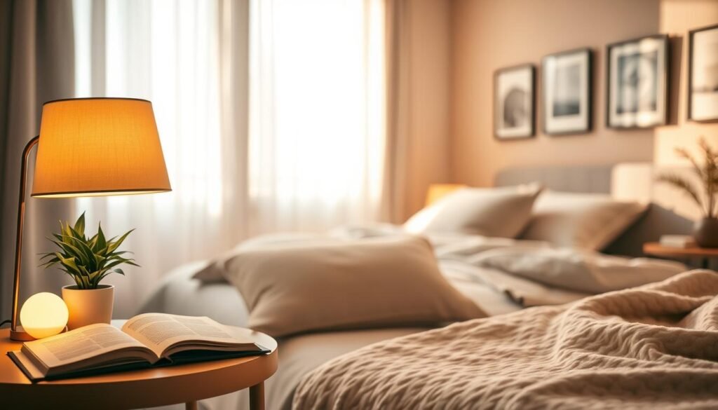 Cozy bedroom scene featuring thoughtful lighting solutions for a peaceful atmosphere. In the foreground, a stylish bedside table with a warm-hued lamp casting a soft glow, surrounded by a few open books and a potted plant. In the middle, a plush bed adorned with textured pillows and a soft throw, illuminated by gentle, diffused sunlight filtering through sheer curtains. The background reveals a subtle accent wall with calming colors and a few framed nature prints. The overall atmosphere is serene and inviting, with a focus on soft lighting that enhances comfort. The composition should be captured with a 50mm lens to create a warm and intimate perspective, emphasizing the interplay of light and shadows.