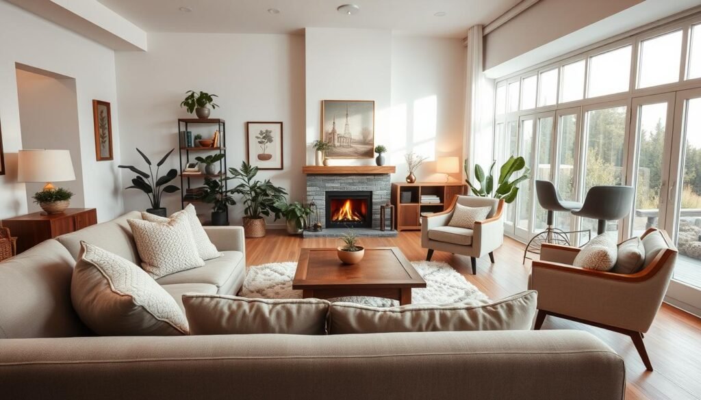 Cozy living room featuring a relaxed, inviting atmosphere with comfortable furniture arranged away from the walls. In the foreground, a plush sofa adorned with soft, textured cushions, facing a warm fireplace. A wooden coffee table sits on a fluffy area rug, surrounded by a couple of stylish armchairs. The middle ground showcases artfully placed plants, bookshelves, and decorative elements like soft throws and ambient lighting. The background reveals large windows allowing bright, natural light to cast gentle shadows, enhancing the airy feel. The room should exude warmth and comfort, ideal for relaxation or intimate gatherings. Capture the scene from a slightly elevated angle to provide depth, emphasizing the cozy layout while ensuring a spacious ambiance.