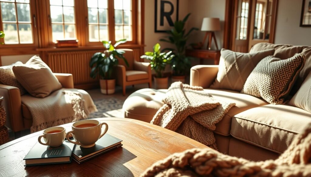 Cozy seating arrangements in a warmly lit living room, featuring a plush, oversized sofa adorned with soft, textured throw pillows and a knitted blanket. The foreground includes a stylish wooden coffee table with a steaming mug of tea and a few well-placed books. In the middle, a comfortable armchair with a matching ottoman invites relaxation, set beside a vibrant indoor plant for a touch of greenery. The background showcases bright, natural light streaming through large, airy windows, enhancing the inviting atmosphere. The room has subtle woodwork accents, beige walls, and calming earthy tones, creating a serene and homely feel, perfect for unwinding. The overall mood is warm, welcoming, and effortlessly cozy.