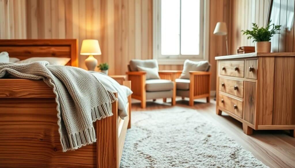 Cozy wooden furniture pieces for a serene bedroom setting. In the foreground, a rustic oak bed frame with soft, neutral bedding and a textured throw blanket draped casually across the edge. Beside the bed, a handcrafted nightstand with warm, natural wood grain, holding a softly glowing lamp and a small potted plant. In the middle ground, a comfortable armchair upholstered in soft fabric, positioned near a window that allows gentle, diffused sunlight to filter in, illuminating the room. The background features light-colored wooden walls and a plush area rug that complements the wooden tones, creating an inviting atmosphere. The overall mood is warm and tranquil, evoking a sense of timeless comfort and relaxation.