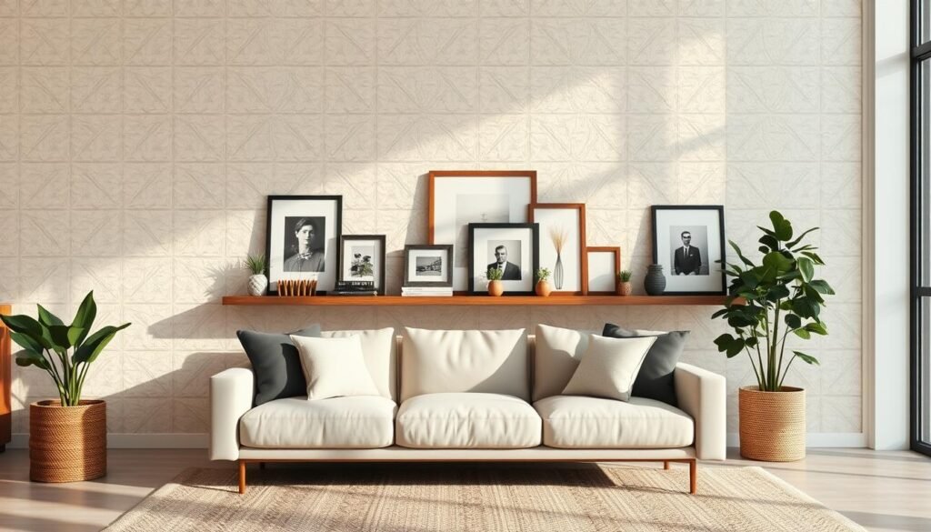 Create a warm and inviting living room scene showcasing timeless wall decor that adds character to the space. In the foreground, display a beautifully crafted wooden shelf adorned with eclectic yet cohesive decorative items like vintage books, small potted plants, and framed black-and-white photographs. The middle ground features a soft, neutral-toned sofa with plush cushions, positioned against a textured wall with subtle geometric patterns that adds depth. In the background, large windows let in bright, natural light, casting soft shadows and creating an airy atmosphere. The overall mood should be cozy and sophisticated, emphasizing a harmonious balance of style and comfort. Use a slightly elevated angle to capture the full scene, ensuring that the focus remains on the elegant wall decor without any distractions.