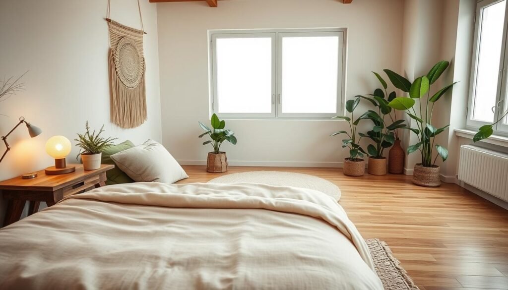 Earthy bedroom decor featuring a cozy, minimalist design. The foreground includes a beautifully made bed with a soft beige blanket and plush, textured pillows in muted green hues. A rustic wooden nightstand holds a small potted plant and an artistic lamp, casting soft, warm light. The middle layer showcases a neutral-toned area rug on polished wooden floors, while a woven wall hanging adds depth and character. In the background, large, airy windows let in bright natural light, illuminating the room and highlighting leafy indoor plants placed in corners. The overall atmosphere is tranquil and inviting, reflecting a natural and effortlessly stylish aesthetic, captured with a wide-angle lens to emphasize spaciousness and warmth. Earthy bedroom decor featuring a cozy, minimalist design. The foreground includes a beautifully made bed with a soft beige blanket and plush, textured pillows in muted green hues. A rustic wooden nightstand holds a small potted plant and an artistic lamp, casting soft, warm light. The middle layer showcases a neutral-toned area rug on polished wooden floors, while a woven wall hanging adds depth and character. In the background, large, airy windows let in bright natural light, illuminating the room and highlighting leafy indoor plants placed in corners. The overall atmosphere is tranquil and inviting, reflecting a natural and effortlessly stylish aesthetic, captured with a wide-angle lens to emphasize spaciousness and warmth.