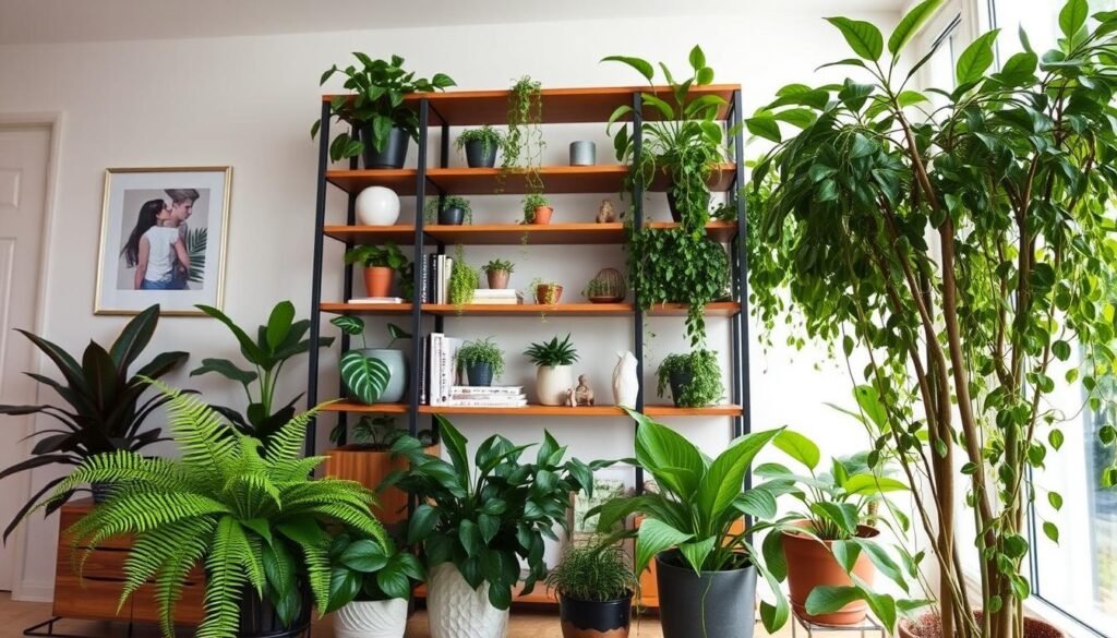 Indoor plant shelving ideas featuring a cozy living space with a stylish wooden shelving unit. The foreground includes a variety of lush indoor plants, such as ferns, snake plants, and pothos cascading down, arranged in beautiful ceramic pots. In the middle, the shelving unit is beautifully styled with both greenery and decorative elements like books and small sculptures, seamlessly blending function and aesthetics. The background shows a softly lit room with bright natural light streaming through large windows, creating an airy atmosphere. Utilize a wide-angle lens to capture the entirety of the shelving unit and the inviting space. The overall mood is warm and welcoming, illustrating a low-effort yet thoughtful approach to indoor plant styling.