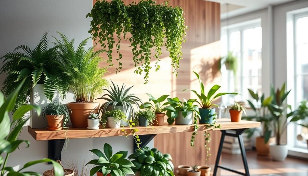 Indoor plant shelving ideas featuring a cozy, modern living space. In the foreground, a rustic wooden shelf adorned with various indoor plants, including ferns, succulents, and cascading vines, creates a vibrant greenery display. The middle layer shows a stylish wooden accent wall, tastefully integrated with soft, natural wood tones. In the background, a gently lit, airy room with large windows allowing abundant soft sunlight to filter in, enhancing the warm atmosphere. The scene is bathed in a peaceful, inviting mood, making it ideal for small space solutions. The image should be captured from a slight angle to showcase depth, with daylight illuminating the vibrant greens of the plants and the richness of the wood textures.
