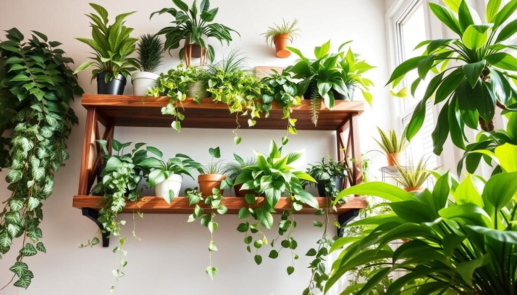 Indoor plant shelving ideas featuring an elegantly designed wooden shelf filled with a variety of lush indoor plants, including ferns, pothos, and succulents. The foreground showcases the vibrant green leaves of the plants, with some cascading down the sides of the shelf. In the middle, the shelf itself, made of reclaimed wood, exhibits a rustic charm while being modern and stylish. In the background, soft sunlight filters through a nearby window, casting gentle shadows and illuminating the space, creating an airy, welcoming atmosphere. The overall scene should feel bright and natural, emphasizing the harmony of wood and greenery. Use a wide-angle lens to capture the depth of the room and enhance the inviting feel.
