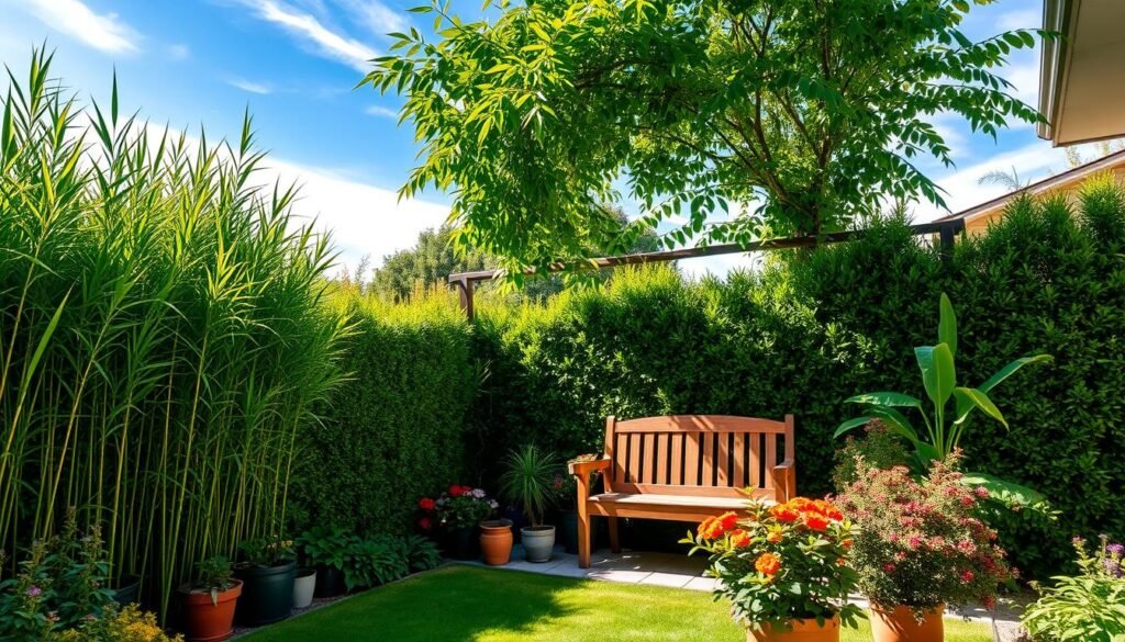 Lush, budget-friendly privacy plants arranged in a cozy backyard setting, featuring tall, vibrant green bamboo and dense hedges that create a serene atmosphere. In the foreground, a variety of potted plants, including colorful flowering shrubs, add charm. The middle ground showcases a peaceful seating area with a rustic wooden bench beneath a leafy trellis, filtering soft sunlight. The background has a clear blue sky with wispy clouds, complementing the greenery. The scene is illuminated with bright natural light, focusing on a warm, inviting mood. The angle captures the cozy corner of the yard, emphasizing the privacy plants while showcasing the spaciousness of the area.