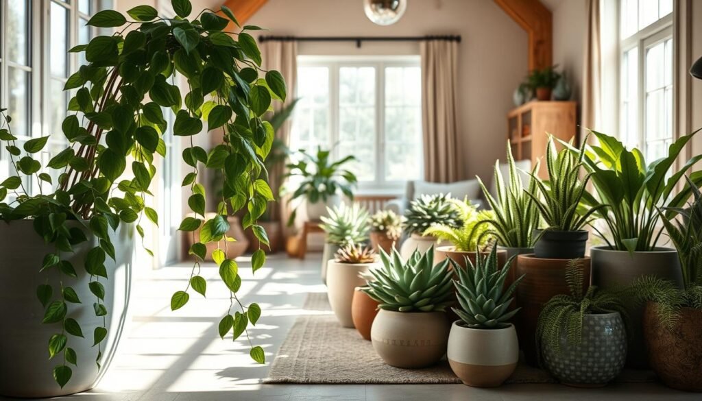Lush green plants displayed in a variety of elegant, effortless containers, such as rustic wooden boxes and modern ceramic pots, arranged thoughtfully across a bright, airy indoor space. In the foreground, focus on a large trailing pothos plant cascading from a sleek, minimalist pot, with soft sunlight filtering through large windows, creating warm highlights. In the middle, a collection of colorful succulents and ferns in stylish, mismatched containers, showcasing a mixture of textures, adding depth and interest. In the background, a cozy, well-lit room with neutral-toned walls and natural wooden accents, inviting a serene and thoughtful atmosphere. Capture the scene with a soft focus lens and a slight downward angle, emphasizing the harmonious blend of greenery and interior design. Overall, the mood is fresh, curated, and effortlessly stylish.