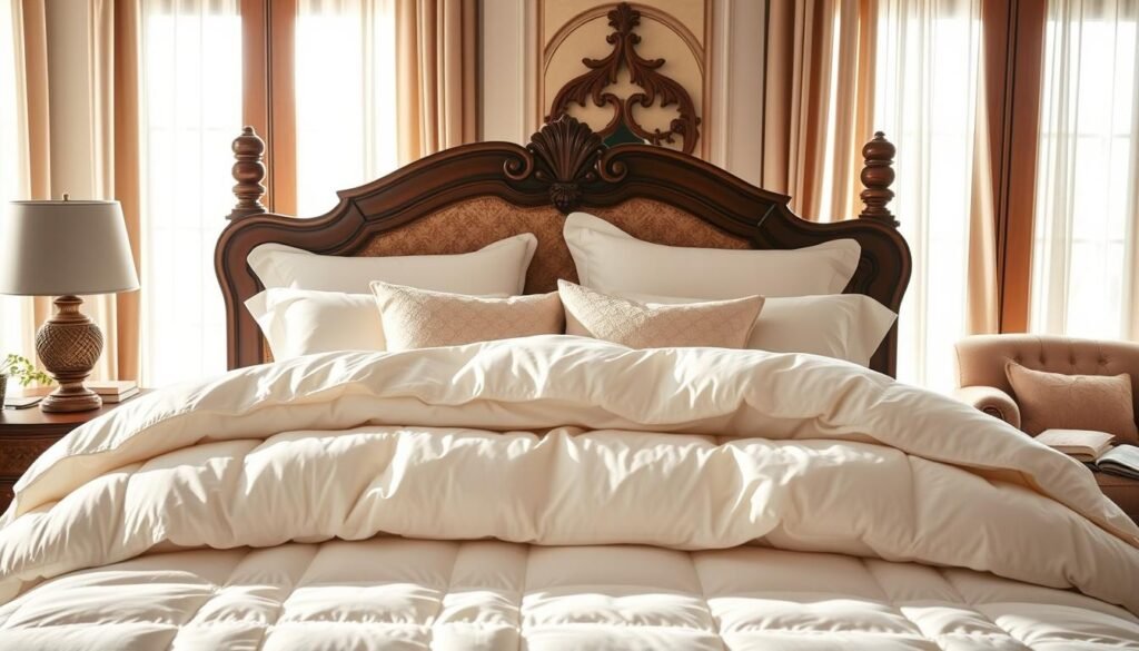 Luxurious bedding scene showcasing an inviting king-sized bed adorned with layers of plush, white down comforters and silky, high-thread-count sheets in soft pastel hues. Fluffy decorative pillows in various textures are elegantly arranged at the headboard. The bed is framed by a beautifully designed wooden bed frame with intricate carvings, enhancing the stylish atmosphere. The room is bathed in soft, natural light streaming through large, sheer curtains, casting a warm glow across the space. In the background, tasteful wooden accents and a cozy reading nook with a plush armchair accentuate the tranquility. The overall mood is serene, inviting relaxation and comfort, emphasizing the beauty of luxurious textiles and bedding in a peaceful bedroom setting.