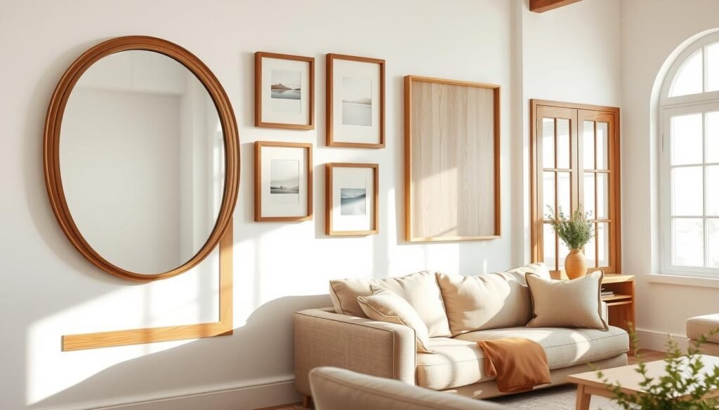 Natural wood frames showcasing various art pieces and mirrors, arranged aesthetically on a softly painted wall in a bright and airy living room. The foreground features a large oval mirror framed in rich oak, reflecting natural light, alongside smaller rectangular frames with minimalist artwork in soft colors. In the middle ground, a cozy seating area with a plush beige sofa complements the frames, while a small wooden side table holds a vase of fresh greenery. The background reveals large windows allowing soft sunlight to filter in, enhancing the warm wood tones of the frames. The atmosphere is serene and inviting, perfect for calm living décor. Focus on realistic textures of the wood and gentle shadows, shot with a wide-angle lens to emphasize depth and openness.
