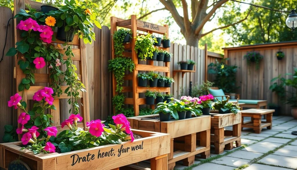 Pallet planter designs in a cozy backyard setting, showcasing a variety of wooden pallets repurposed as vertical and horizontal planters filled with vibrant flowers and lush greenery. In the foreground, a rustic wooden pallet planter displays colorful petunias and trailing vines, while a larger vertical pallet installation in the middle is adorned with potted herbs and small succulents. In the background, a serene patio space with a wooden bench and cheerful garden lighting enhances the scene. The image is bathed in bright natural light, with soft sunlight filtering through nearby trees, creating a warm and inviting atmosphere. The angle captures the depth of the garden space, highlighting the aesthetic and functional aspects of the planters in a harmonious outdoor retreat. Pallet planter designs in a cozy backyard setting, showcasing a variety of wooden pallets repurposed as vertical and horizontal planters filled with vibrant flowers and lush greenery. In the foreground, a rustic wooden pallet planter displays colorful petunias and trailing vines, while a larger vertical pallet installation in the middle is adorned with potted herbs and small succulents. In the background, a serene patio space with a wooden bench and cheerful garden lighting enhances the scene. The image is bathed in bright natural light, with soft sunlight filtering through nearby trees, creating a warm and inviting atmosphere. The angle captures the depth of the garden space, highlighting the aesthetic and functional aspects of the planters in a harmonious outdoor retreat.