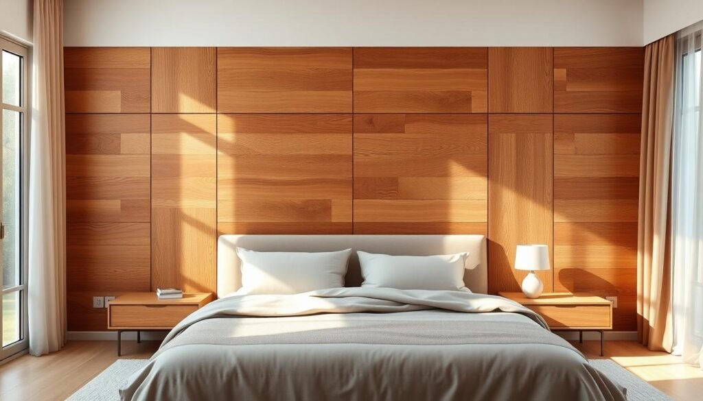 Realistic depiction of wooden wall panels in a serene bedroom setting. The foreground showcases elegantly arranged panels with rich textures and natural wood grains, highlighted by soft sunlight streaming through a nearby window. In the middle ground, a cozy bed with neutral-toned linens complements the warm hues of the wood, flanked by minimalist nightstands. The background features soft, airy curtains gently billowing, enhancing the tranquil atmosphere. The room is filled with bright, natural light that casts gentle shadows, creating a peaceful ambiance. The overall mood is restful and inviting, ideal for a relaxing retreat. The scene captures the essence of wood accent ideas, emphasizing comfort and warmth in home décor.