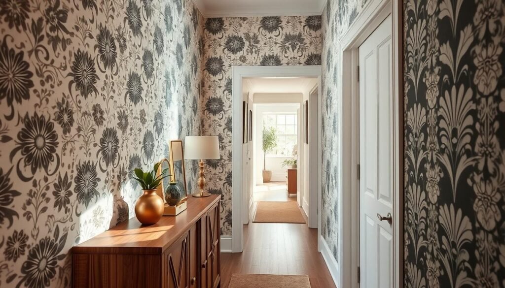 Small entryway featuring a statement wall adorned with stylish wallpaper designs, showcasing a variety of patterns such as geometric shapes, floral motifs, and textured materials. In the foreground, a wooden console table with decorative items, including a small potted plant and a stylish lamp. The middle ground highlights the wallpapered wall, with soft, bright natural light streaming in from a nearby window, creating an airy and inviting atmosphere. In the background, a glimpse of a well-maintained hallway leads to other rooms, enhancing the sense of depth. The overall mood is warm and welcoming, embodying personal touch and easy elegance, captured with a wide-angle lens to emphasize space and light.