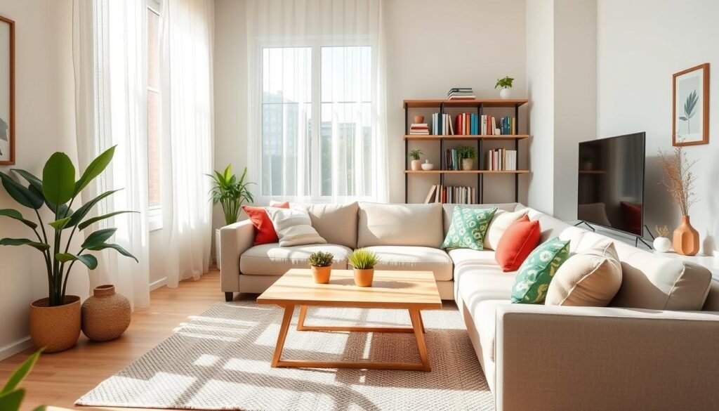 Small living room interior design that maximizes space and comfort, featuring a cozy layout with a plush sectional sofa in soft, neutral tones and colorful throw pillows. In the foreground, a stylish coffee table made of light wood sits atop a textured area rug. Incorporate potted plants for a touch of greenery. The middle background showcases a cleverly utilized wall-mounted shelf filled with books and decorative items. Natural light streams in through a large window adorned with sheer curtains, casting gentle shadows. The walls are painted in light, calming colors to enhance the airy atmosphere. The scene should evoke warmth and tranquility, emphasizing a welcoming, lived-in feel. Use bright, natural lighting with a focus on soft sunlight illuminating the space, captured from a slightly elevated angle for depth.
