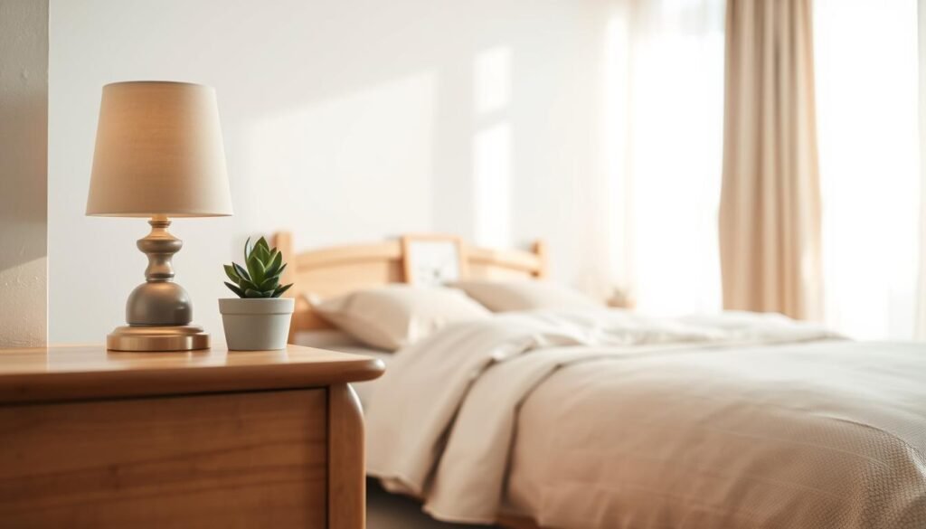 Small wooden accents that create a calm atmosphere in a serene bedroom. Foreground features a beautifully crafted wooden bedside table with smooth, rounded edges, displaying a small, vintage lamp and a potted succulent. In the middle ground, soft shades of wood are used in a cozy bed frame adorned with neutral-colored linens, accompanied by a few wooden decorative items like a handcrafted picture frame and a minimalistic wooden clock. The background includes a window framing soft, natural light filtering through sheer curtains, creating an airy and welcoming space. The overall mood is tranquil and inviting, with bright natural light highlighting the textures of the wood, emphasizing warmth and comfort. Capture the scene with a soft focus lens at a warm angle to enhance the serene atmosphere.
