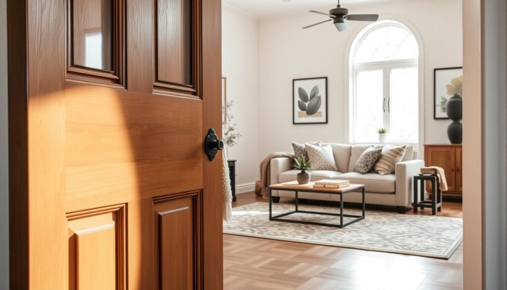 The front door of a stylish home swings open to reveal a cozy living room. In the foreground, the door is crafted from rich wood with a welcoming design. The middle view captures a well-decorated living area featuring a plush sofa adorned with soft, textured cushions, a warm throw blanket draped over one arm, and a stylish coffee table with decorative books and a small potted plant. The walls are painted in calming neutral tones, and there’s a large window allowing bright, soft sunlight to illuminate the space. In the background, a beautiful area rug ties the room together, while tasteful wall art enhances the overall ambiance. The image conveys a warm, inviting atmosphere, perfect for illustrating comfort and livability.