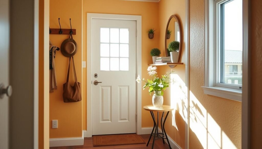 Tiny entryways featuring charming, stylish designs that optimize limited space, showcasing a petite table adorned with a decorative vase and fresh flowers in the foreground. In the middle ground, illustrate a cozy nook with wall-mounted hooks for bags and hats, integrated shelving displaying potted plants and books, beneath a mirror reflecting soft sunlight. The background displays a welcoming door framed by warm, neutral-toned walls with subtle texture. The lighting is bright and natural, filtered through a nearby window, casting soft shadows that enhance the airy feel. Aim for a mood of tranquility and organization, highlighting practical solutions in a minimalist, aesthetically pleasing manner.