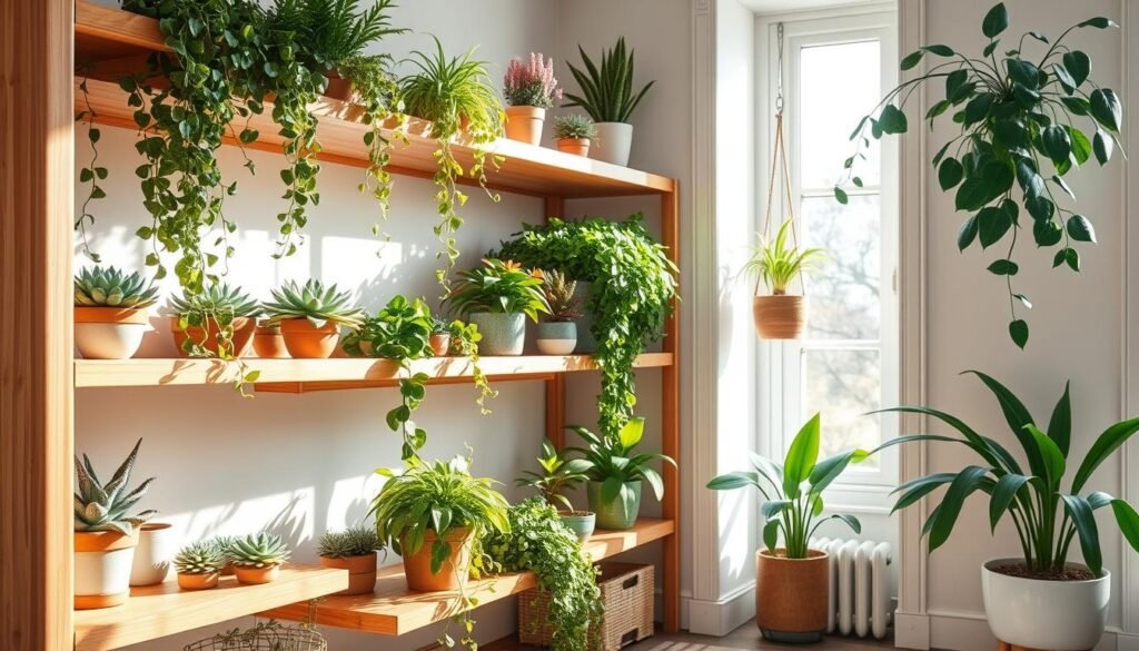 Wood shelving filled with a variety of vibrant green plants, showcasing a mix of succulents, trailing vines, and small potted flowers, arranged artfully in a cozy, sunlit corner of a stylish room. The shelves are made of warm, natural wood with a smooth finish, emphasizing a rustic yet modern aesthetic. Bright, soft sunlight streams in from a large window, casting gentle shadows and highlighting the textures of the wood and foliage. In the background, a light, airy atmosphere is created with pale walls and a lightly textured rug on the floor. The image exudes a fresh, calming vibe, perfect for illustrating the concept of effortless natural accents in home décor.