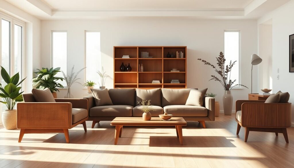 Wooden furniture silhouettes set in a modern living room interior, featuring a minimalist yet warm design. In the foreground, elegant silhouettes of a mid-century sofa and a stylish coffee table showcase sleek lines and organic shapes. The middle layer includes wooden bookshelves blending seamlessly with the silhouettes, softly outlined by natural sunlight filtering through large windows, casting gentle shadows on the floor. The background reveals a light, airy atmosphere with neutral-colored walls and houseplants, enhancing the serene mood. The lighting is bright yet soft, evoking a welcoming environment captured through a wide-angle lens to emphasize spaciousness. The overall ambiance reflects timeless elegance, suggesting enduring style and warmth, suitable for years of enjoyment.