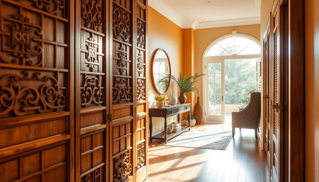 Wooden room dividers and screens in an open concept entryway, showcasing a warm, inviting atmosphere. The foreground features elegantly crafted wooden dividers with intricate carvings, emphasizing natural textures and shades. In the middle, a cozy entryway with a stylish console table adorned with plants and decorative items merges with the dividers, creating a seamless transition. The background includes soft-lit walls painted in warm tones, enhancing the overall ambiance. Utilize bright natural light filtering through large windows, casting gentle shadows and creating a tranquil mood. The perspective captures the depth of the space from a slight angle, emphasizing the aesthetic harmony of the wooden elements with tasteful furnishings, all contributing to a welcoming entryway experience.