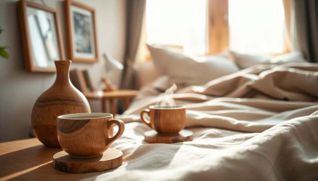 small wooden accents in a cozy bedroom setting, featuring a handcrafted wooden vase on a bedside table, a wooden picture frame on the wall, and delicate wooden coasters under a steaming cup of tea in the foreground. The middle ground highlights soft textures, such as a light fabric throw and a plush, neutral-toned bedspread. In the background, a warm, inviting window allows natural light to fill the room, illuminating the wood elements. Use bright, soft sunlight to create a serene and airy atmosphere, with a gentle focus that captures the warmth of the wood textures. The angle should be slightly elevated to showcase the accents clearly, creating a sense of depth and comfort in the space.