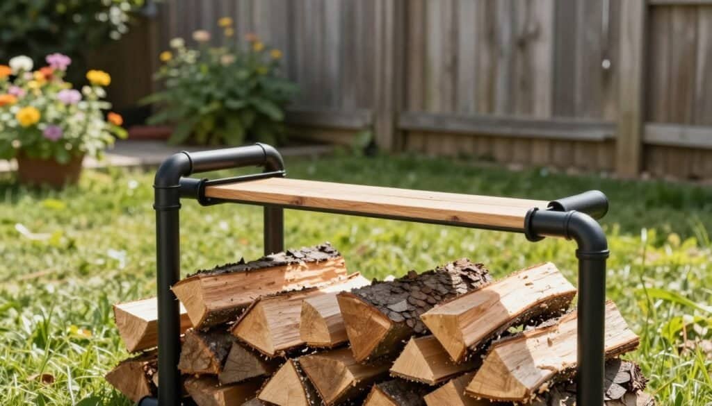 A DIY pipe firewood rack in an industrial style, showcasing sturdy black metal pipes and wooden planks. The foreground features a neatly stacked pile of firewood, with the rack prominently displayed, emphasizing its functionality and rustic charm. In the middle ground, a sunlit backyard setting adorned with vibrant green grass and blooming flowers adds a touch of nature. A weathered wooden fence provides context in the background, harmonizing with the overall aesthetic. The scene is captured in bright, soft sunlight, enhancing the textures of wood and metal. The mood is warm and inviting, perfect for outdoor gatherings. The image should be clear and vivid, with a focus on the craftsmanship and design of the firewood rack.