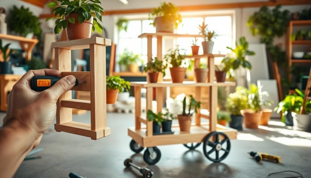 A beautiful DIY rolling plant cart crafted from natural wood, featuring multiple tiers to hold various potted plants. The cart has sturdy wheels for easy mobility, and is adorned with vibrant green foliage. In the foreground, a close-up of a hand assembling one of the shelves, with tools like a screwdriver and drill positioned nearby. The middle of the image shows the cart in progress, showcasing its design elements like smooth surfaces and artistic joins. The background is filled with a bright, airy workshop bathed in soft sunlight, with additional gardening tools and plants visible, creating a warm and inviting atmosphere perfect for DIY enthusiasts. The overall scene conveys a sense of creativity and functionality in home décor. A beautiful DIY rolling plant cart crafted from natural wood, featuring multiple tiers to hold various potted plants. The cart has sturdy wheels for easy mobility, and is adorned with vibrant green foliage. In the foreground, a close-up of a hand assembling one of the shelves, with tools like a screwdriver and drill positioned nearby. The middle of the image shows the cart in progress, showcasing its design elements like smooth surfaces and artistic joins. The background is filled with a bright, airy workshop bathed in soft sunlight, with additional gardening tools and plants visible, creating a warm and inviting atmosphere perfect for DIY enthusiasts. The overall scene conveys a sense of creativity and functionality in home décor.