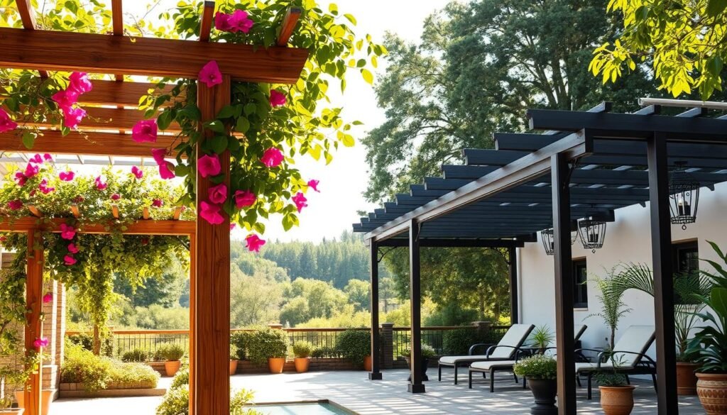 A beautiful courtyard featuring a variety of pergola designs, showcasing different sizes and proportions. In the foreground, a rustic wooden pergola draped with climbing vines and colorful bougainvillea blooms creates an inviting atmosphere. The middle ground highlights a modern metal pergola complemented by lounge chairs and potted plants, offering a cozy relaxation space. The background captures a serene green landscape with soft, diffused sunlight filtering through the trees, enhancing the peaceful ambiance. The scene is well-lit with bright natural light, showcasing the textures of wood and foliage, and is captured from a slight angle to emphasize depth. The mood is tranquil and inviting, ideal for outdoor living spaces. A beautiful courtyard featuring a variety of pergola designs, showcasing different sizes and proportions. In the foreground, a rustic wooden pergola draped with climbing vines and colorful bougainvillea blooms creates an inviting atmosphere. The middle ground highlights a modern metal pergola complemented by lounge chairs and potted plants, offering a cozy relaxation space. The background captures a serene green landscape with soft, diffused sunlight filtering through the trees, enhancing the peaceful ambiance. The scene is well-lit with bright natural light, showcasing the textures of wood and foliage, and is captured from a slight angle to emphasize depth. The mood is tranquil and inviting, ideal for outdoor living spaces.