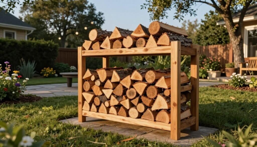 A beautiful outdoor setting featuring a well-ventilated firewood rack made of natural wood, placed strategically in a lush backyard. In the foreground, the rack is filled with neatly stacked firewood, showcasing various sizes and shapes of logs. The middle ground reveals a stone patio area, surrounded by green grass and blooming flowers, enhancing the rustic appeal. In the background, tall trees and a clear blue sky create a serene atmosphere. The scene is illuminated by soft, golden sunlight, casting gentle shadows and highlighting the textures of the wood and surroundings. The angle is slightly elevated, offering a comprehensive view of the location and placement ideal for an outdoor firewood rack, evoking a warm and inviting mood perfect for backyard gatherings.